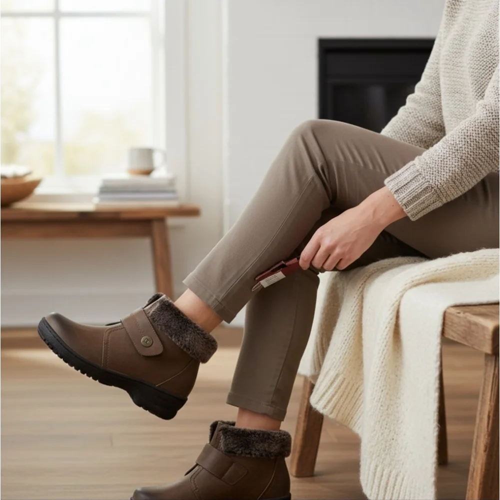 Wanderlust Cozy Faux Leather WATERPROOF Bootie Boots Flat Heel 7 M Tan Brown